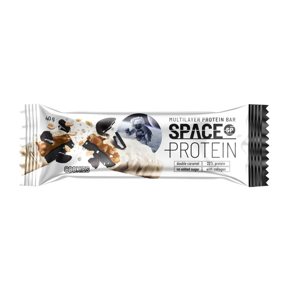 Space Protein Multilayer Protein Bar - Cookies Flavour & Caramel Paste in White Coating - With Sweetener & Collagen - Gluten-free - 40 g