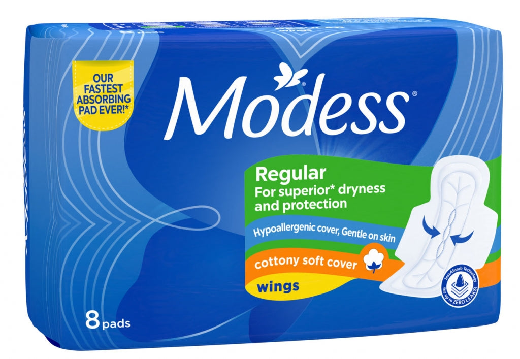 Modess Regular Cottony Soft Pads with Wings - For Superior Dryness and Protection - Hypoallergenic Cover - Gentle on Skin - Fast Absorbing Pads - 8 Pads