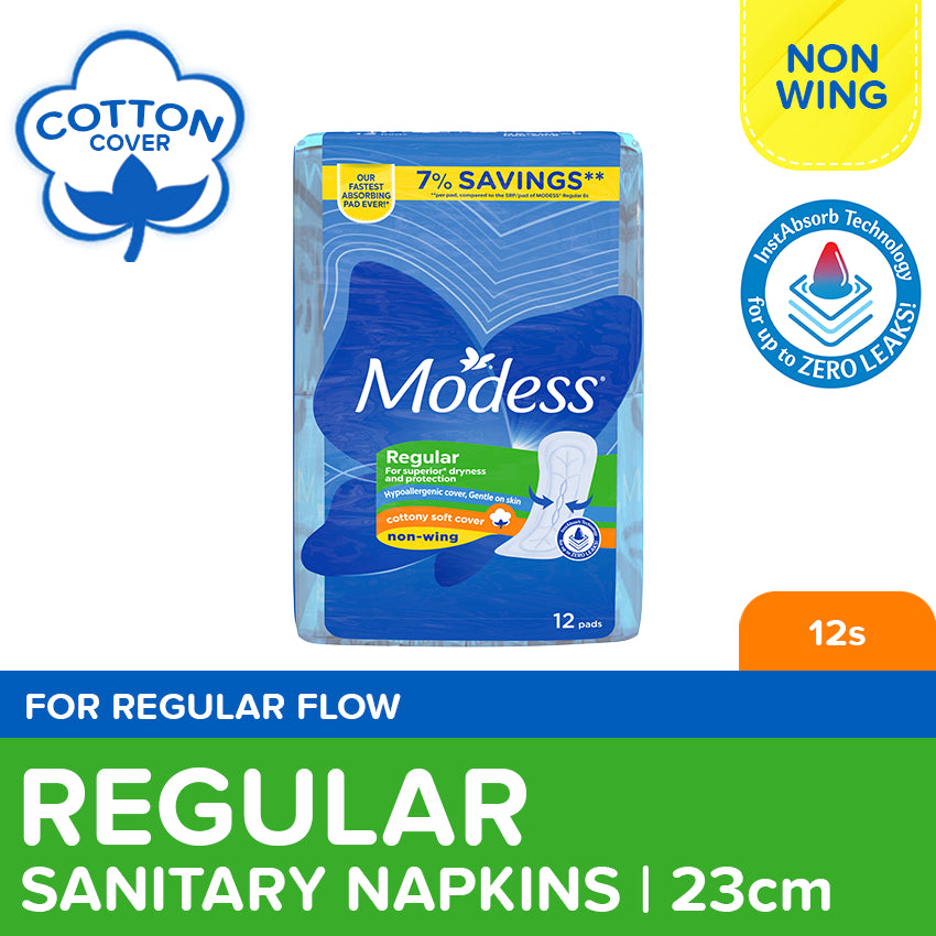 Modess Cottony Regular Non Wing 12 Pads - For Superior Dryness and Protection - Hypoallergenic Cover & Gentle on Skin - Cottony Soft Cover