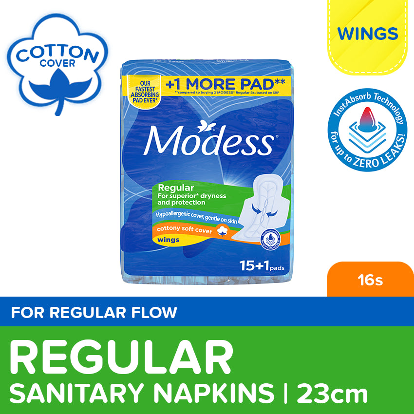 Modess Cottony Regular with Wing 15+1 Pads - For Superior Dryness and Protection - Hypoallergenic Cover & Gentle on Skin - Cottony Soft Cover