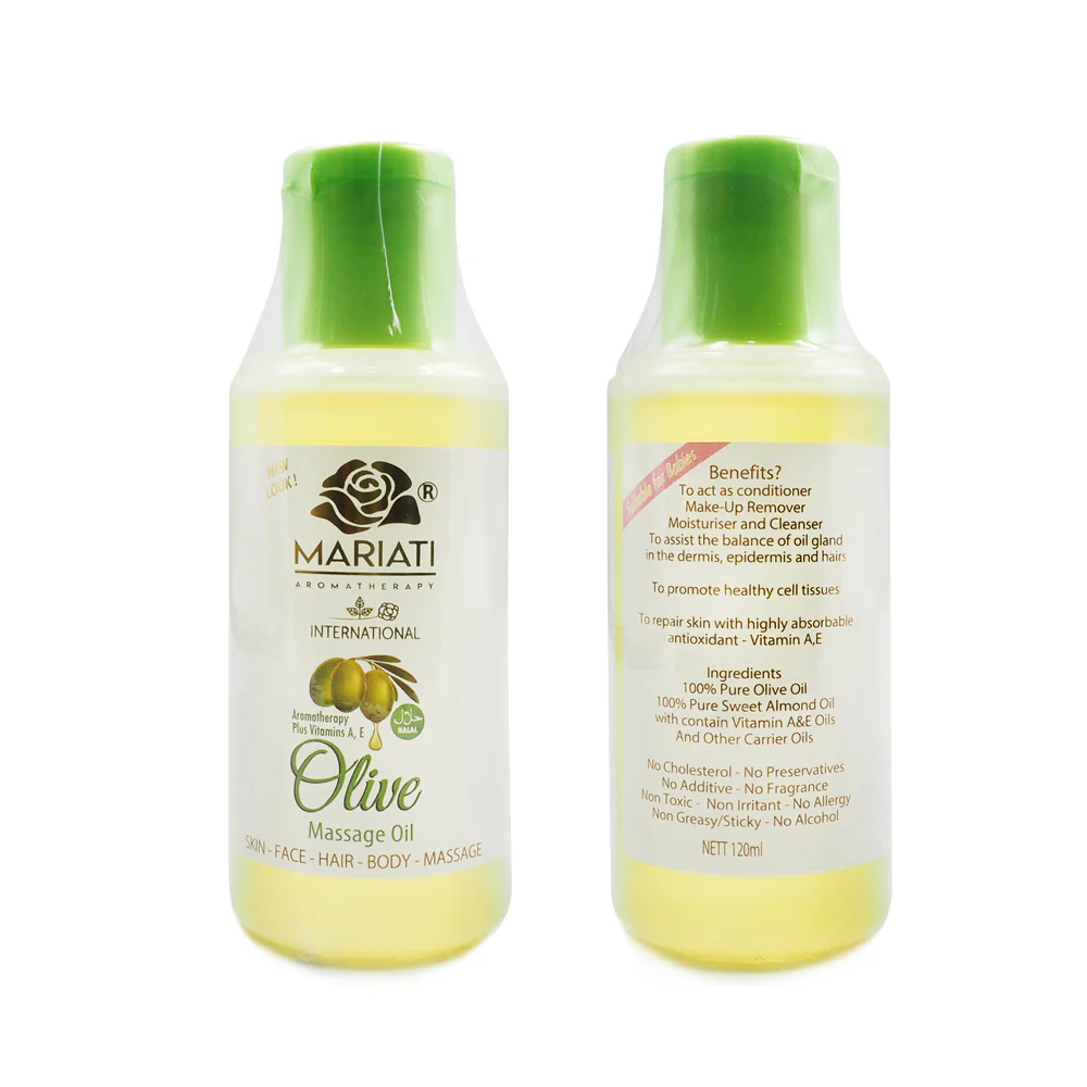 Mariati Olive Massage Oil  - Aromatherapy Plus Vitamin A & E - For Face, Skin, Hair, Body & Massage - All in One & Pure Natural - 120 ml