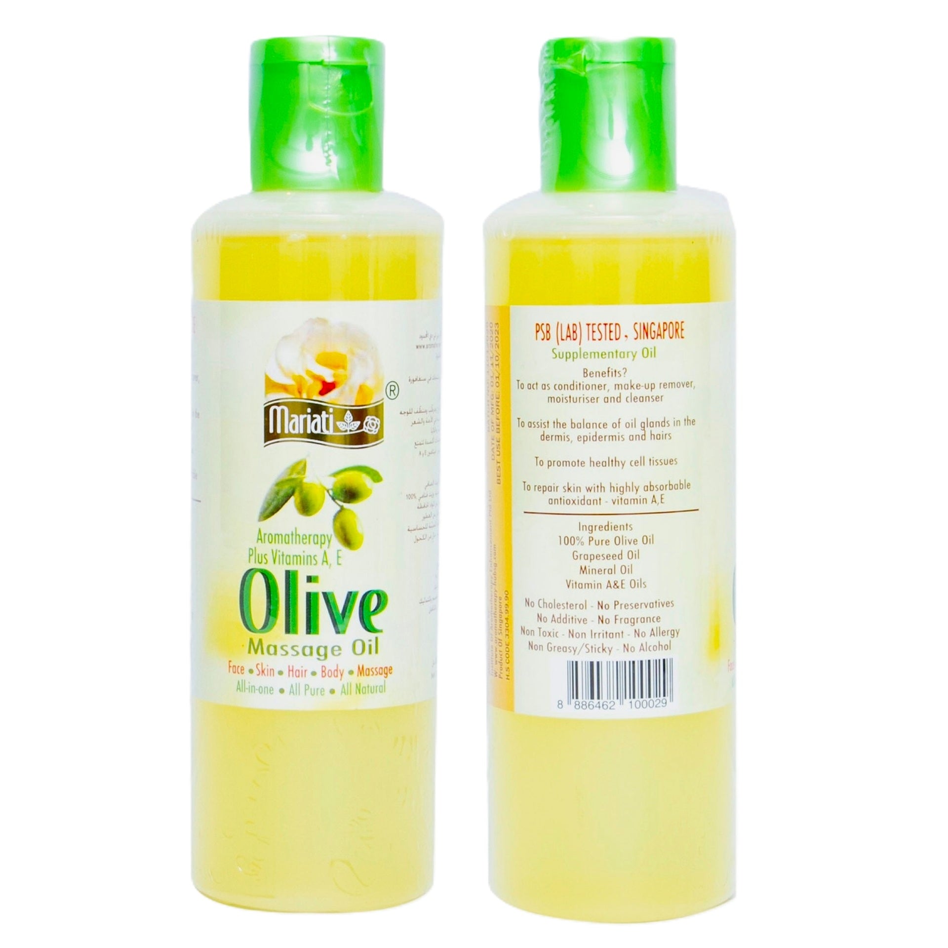Mariati  Olive Massage Oil  - Aromatherapy Plus Vitamin A & E - For Face, Skin, Hair, Body & Massage - All in One & Pure Natural - 250 ml
