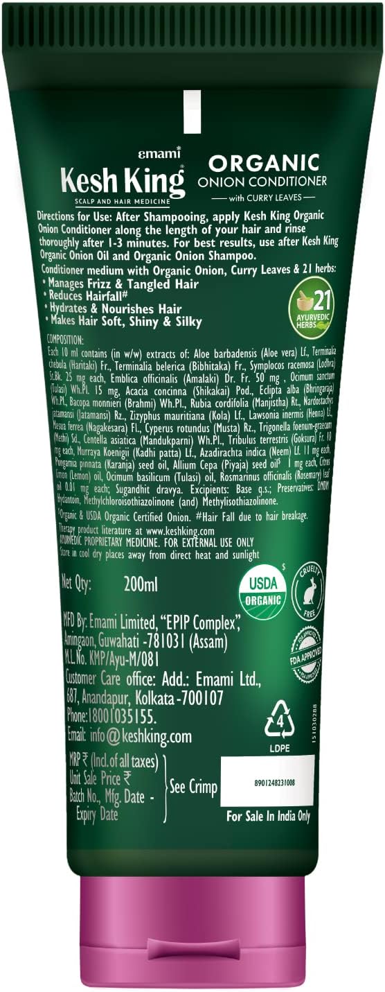 Emami Kesh King Scalp & Hair Medicine Organic Onion Conditioner With Curry Leaves - Manages Frizz - Reduces Hairfall - 21 Herbs & Fragrance of Flowers - 200ml