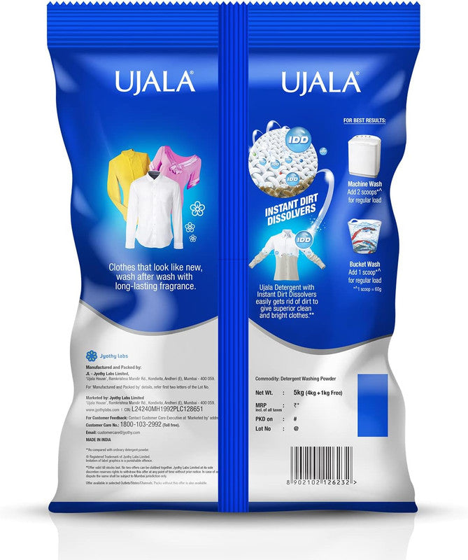 Ujala Idd Washing Powder (Automatic) - Effortless Washing Superior Brightness - Long Lasting Freshness - Whitens Clothes In One Wash - 4Kg+1Kg