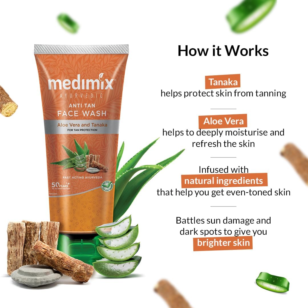 Medimix Anti Tan Face Wash  - Fights Tanning & Dark Spots - Fast Acting Ayurveda - With Tanaka & Aloe Vera - 150 ml