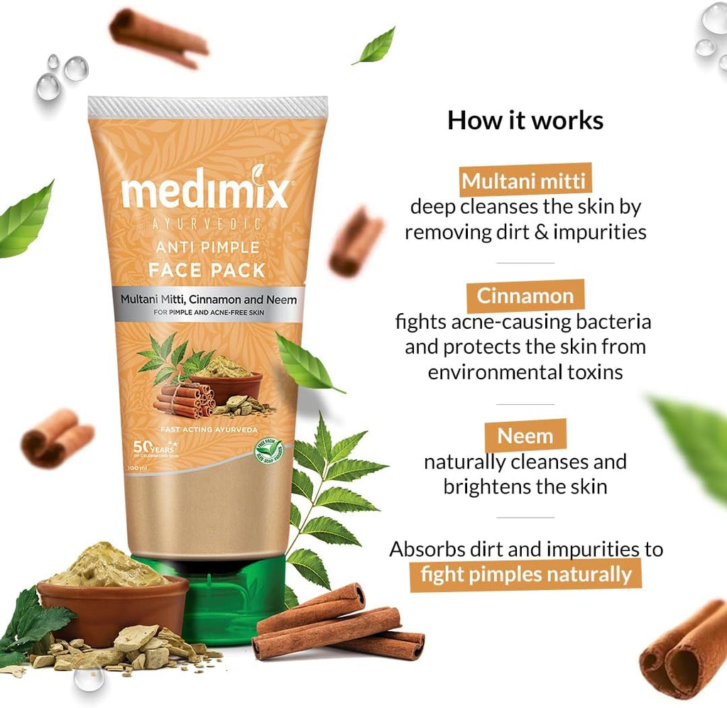Medimix Anti Pimple Face Pack - For Pimple & Acne-Free Skin - Fast Acting Ayurveda - With Multani Mitti, Cinnamon & Neem - 150 ml