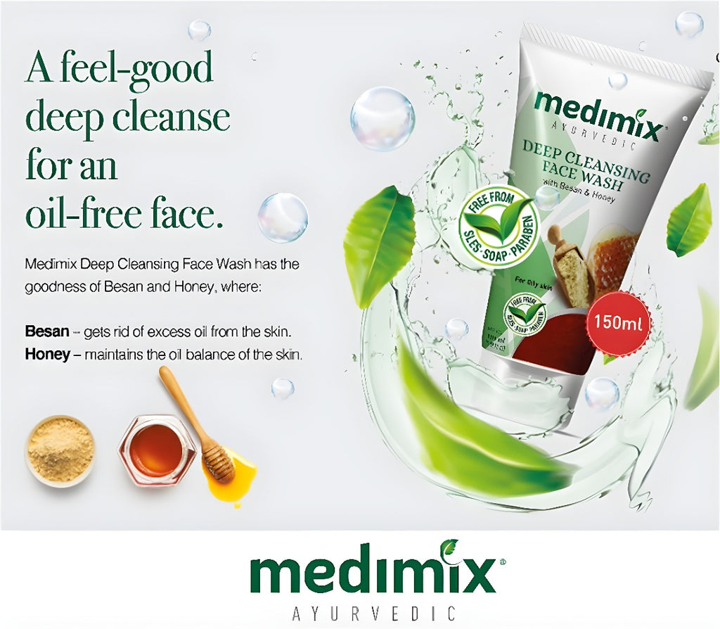 Medimix Deep Cleansing Facewash - Perfect Solution For Oily Skin Worries  - With Besan & Honey - For Deeper Skin Nourishment  - 150 ml