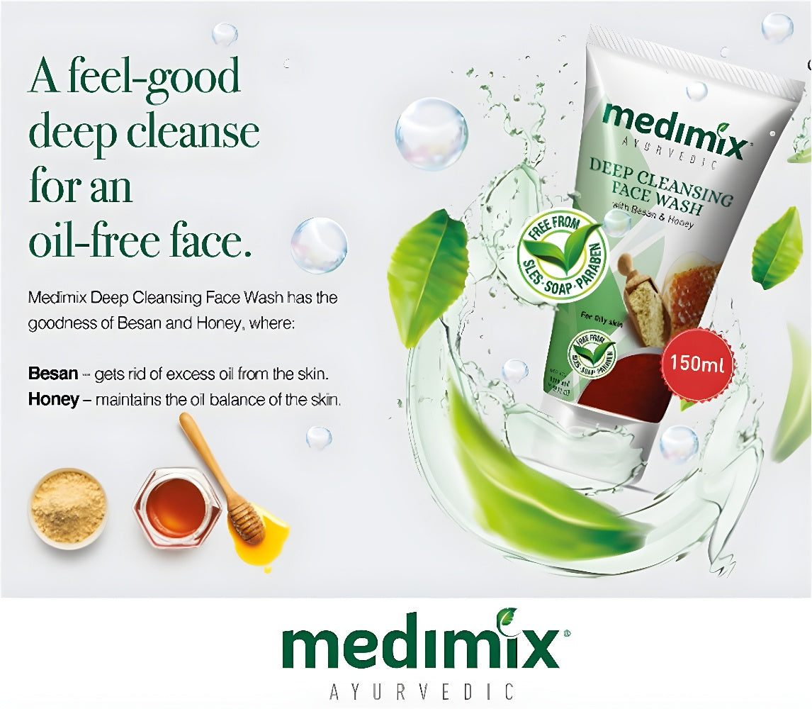 Medimix Deep Cleansing Facewash - Perfect Solution For Oily Skin Worries  - With Besan & Honey - For Deeper Skin Nourishment  - 150 ml