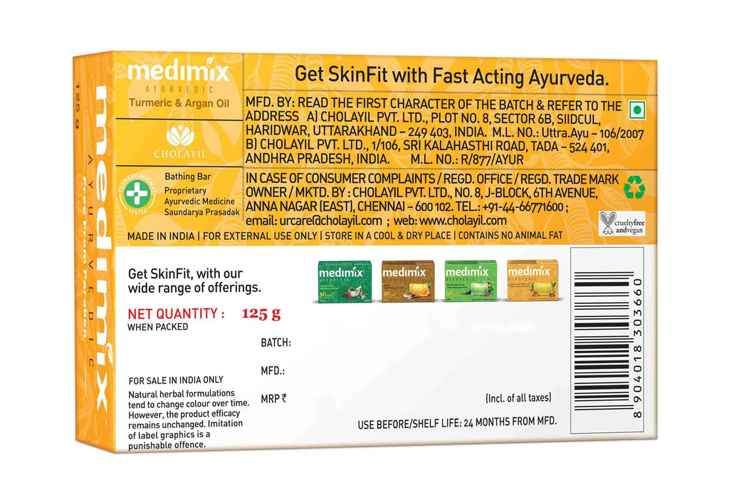Medimix Ayurvedic Turmeric & Argan Oil Soap  - For Soft & Moisturized Skin - Cleans Pores and Soothes Skin - Reduces Acne and Lightens Scars  - 125 gm