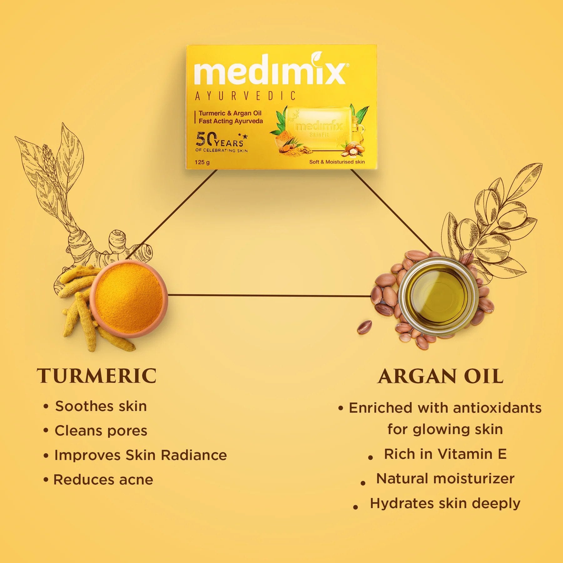 Medimix Ayurvedic Turmeric & Argan Oil Soap  - For Soft & Moisturized Skin - Cleans Pores and Soothes Skin - Reduces Acne and Lightens Scars  - 125 gm