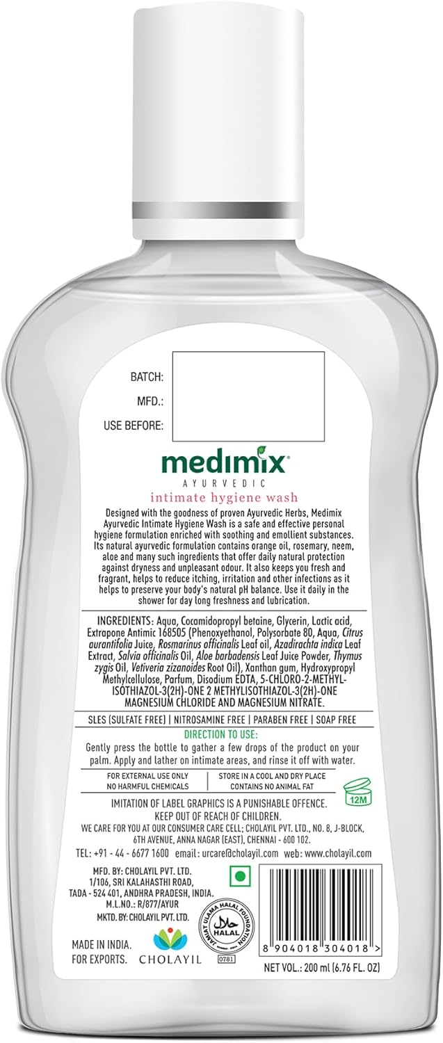 Medimix Intimate Hygiene Wash - Ph Balanced - Enriched with Neem Extract, Bisabolol, Thyme Oil & Other Essential Ingredients- Prevents Dryness, Odor, Infection & Irritation - 200 ml