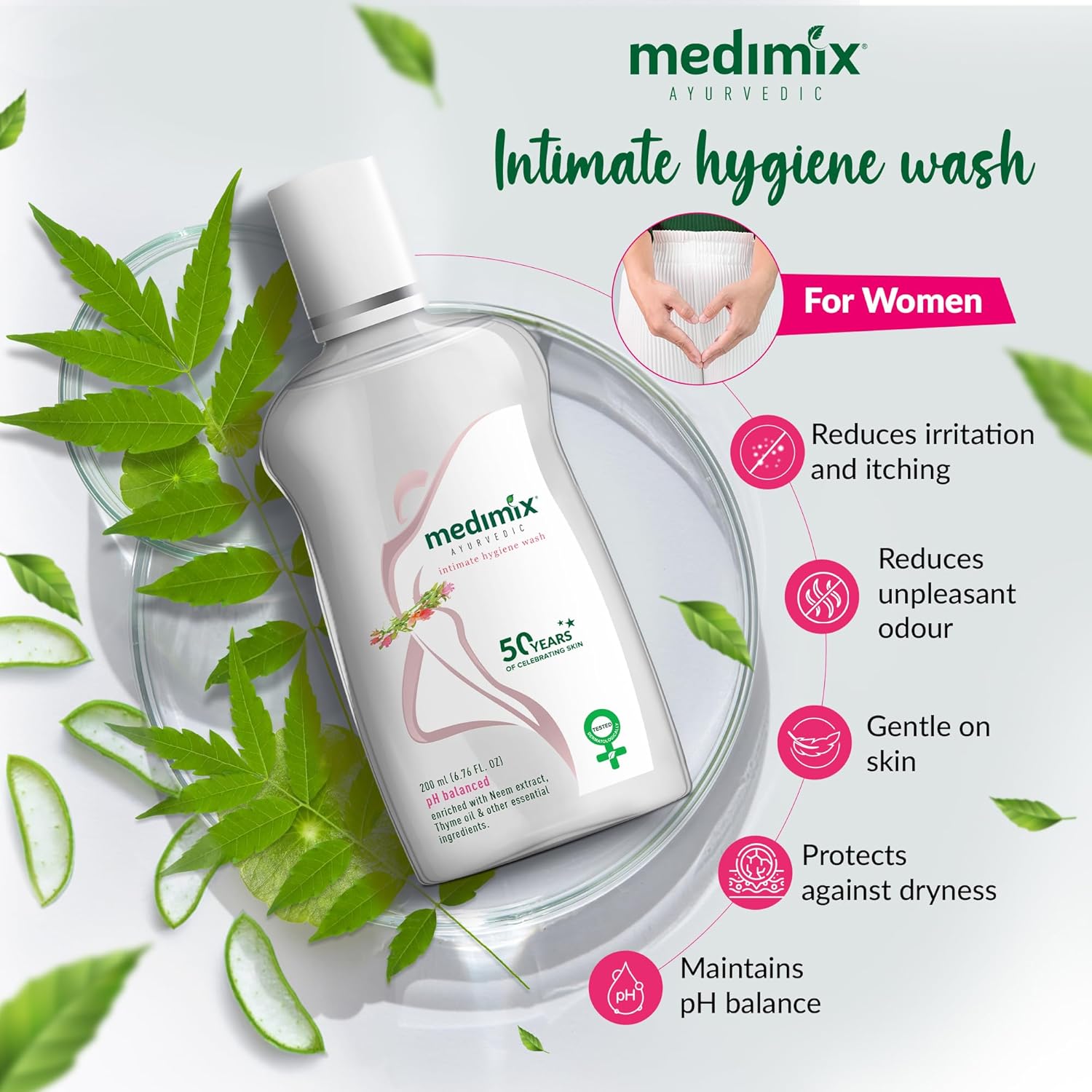 Medimix Intimate Hygiene Wash - Ph Balanced - Enriched with Neem Extract, Bisabolol, Thyme Oil & Other Essential Ingredients- Prevents Dryness, Odor, Infection & Irritation - 200 ml