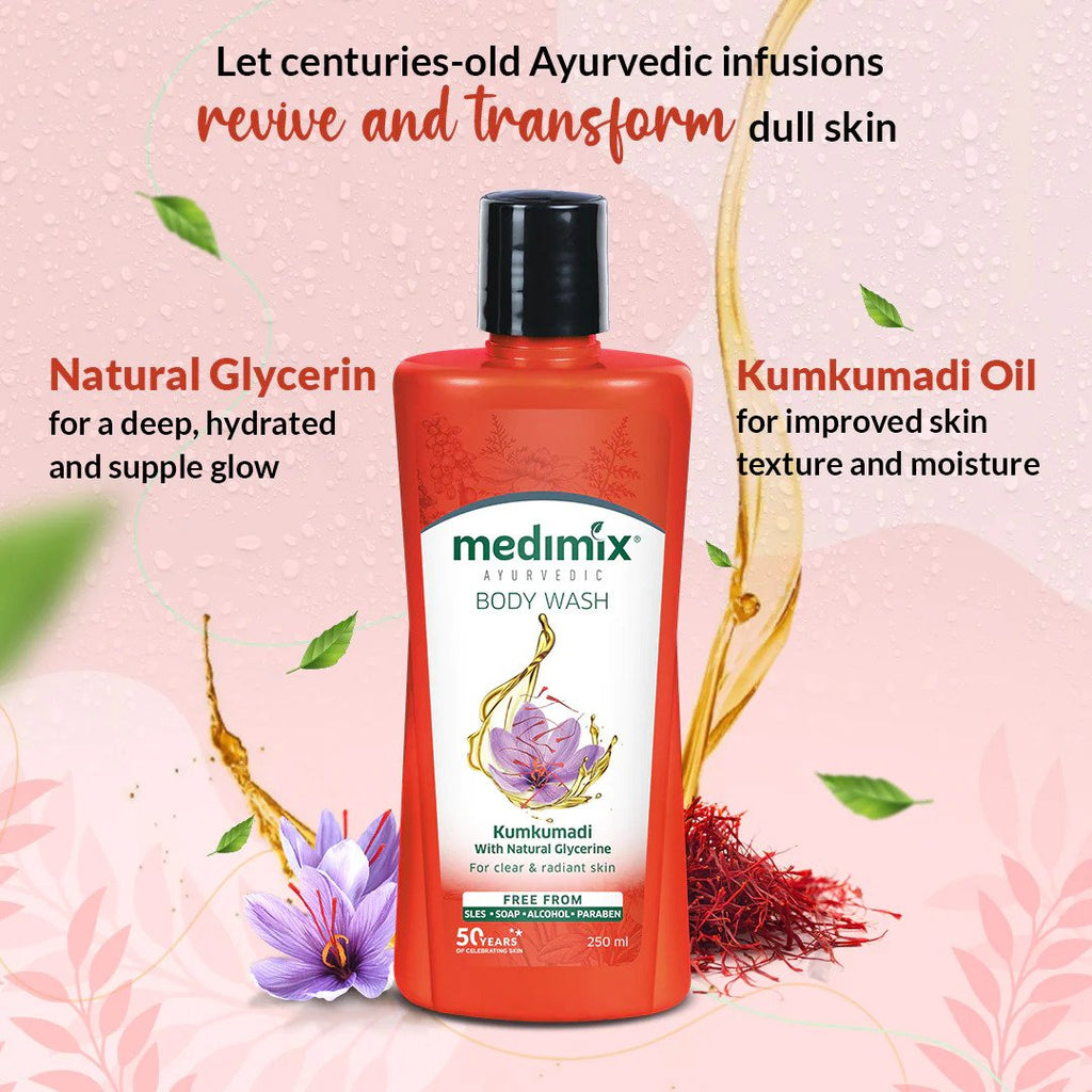 Medimix Kumkumadi Body Wash with Natural Glycerine - For Clear & Radiant Skin - Free from SLES, Soap, Alcohol & Paraben- Improves Skin Moisture & Texture - 300 ml