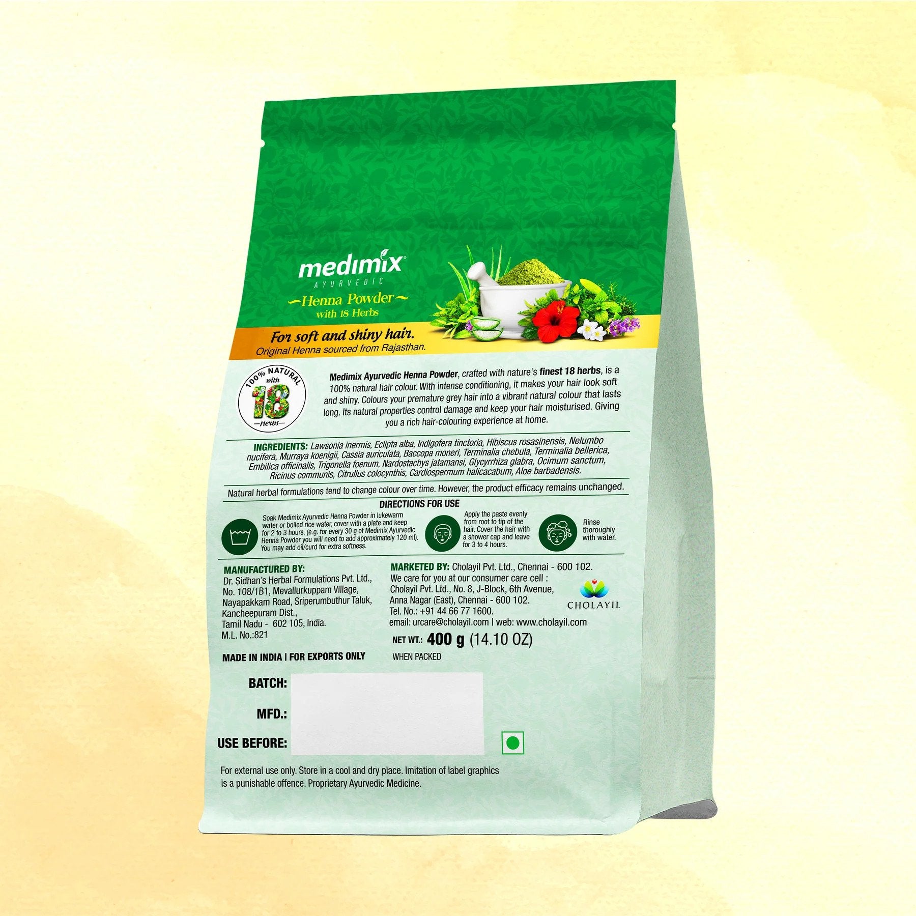 Medimix Henna Powder with 18 Herbs - For Soft & Shiny Hair- 100% Natural Hair Color - Controls Damage and Keeps Hair Moisturized  - 400 gm