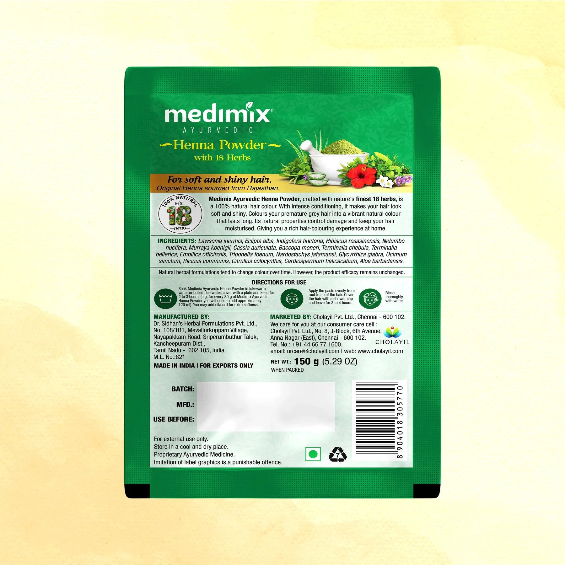 Medimix Henna Powder with 18 Herbs - For Soft & Shiny Hair - 100% Natural Hair Color - Controls Damage and Keeps Hair Moisturized  - 150 gm