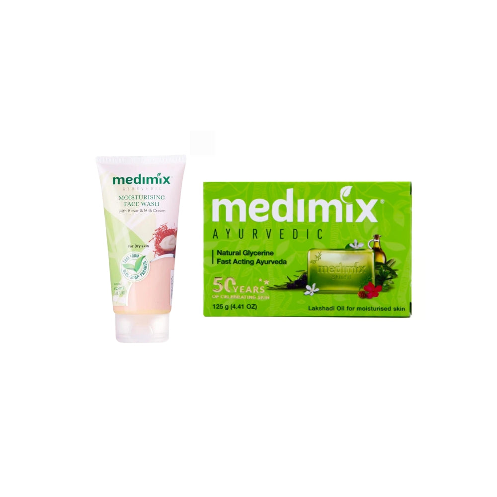 Medimix Combo Pack of Ayurvedic Glycerine Lakshadi Oil Soap with Moisturizing Face Wash 150ml Moisturising Luxury Helps Prevent Dry Skin  Natural Protection with Glycerin and Lakhshadi Oil  Green