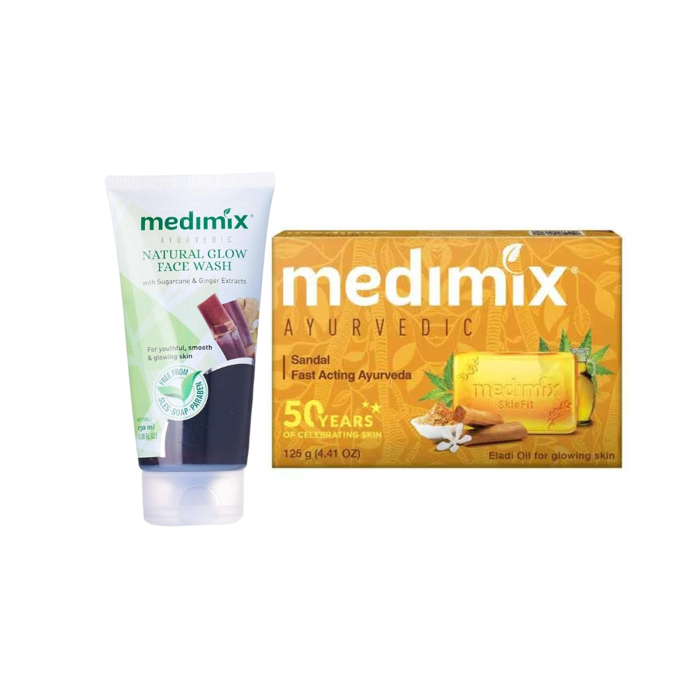 Medimix Combo Pack of Sandal and Eladi Oil Bath Soap with Natural Glow Face Wash 150ml Improves Skin Complexion and Texture Suitable for Daily Use on Face, Body and Hands   Yellow