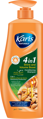 Karis Naturals 4 in 1 Shine & Volume Boost Conditioning Shampoo  - With Honey,  Almond Oil and Yoghurt - Revitalizes Dull Hair - Boosts Hair Volume - Strengthens Hair Roots & Smoothes Hair Cuticles - 700 ml