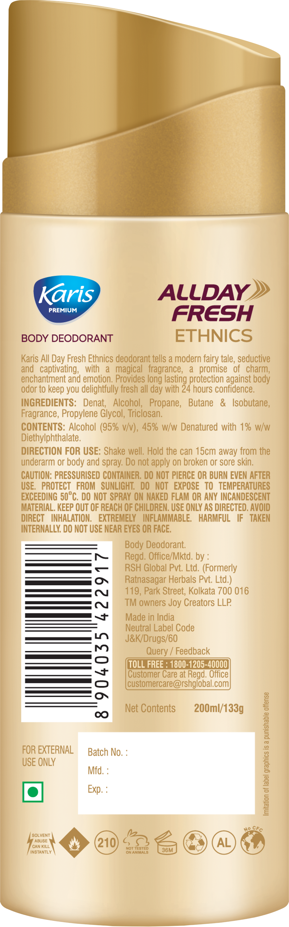 Karis Premium All Day Fresh Ethnics - Body Deodorant - Provides 24 hrs of Odor Protection - Keeps you Fresh and Active - 200 ml