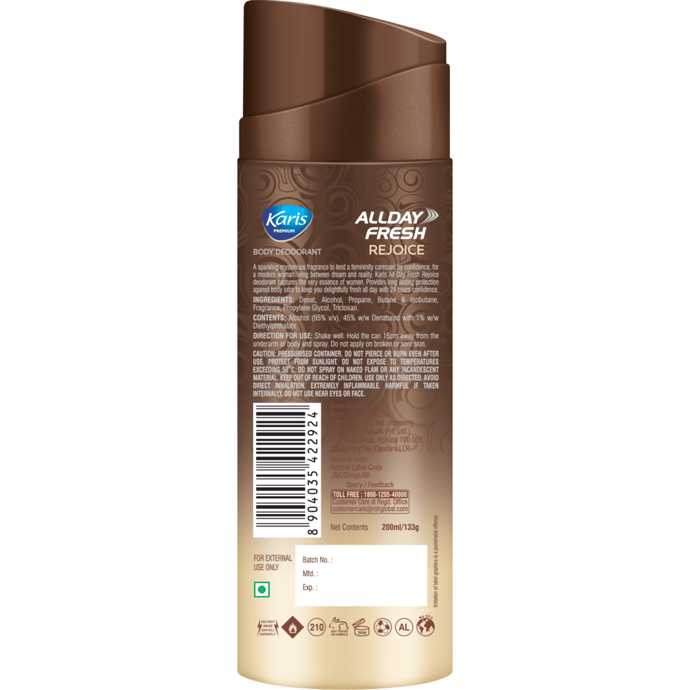 Karis Premium All Day Fresh Rejoice - Body Deodorant - Provides 24 hrs of Odor Protection - Keeps you Fresh and Active - 200 ml