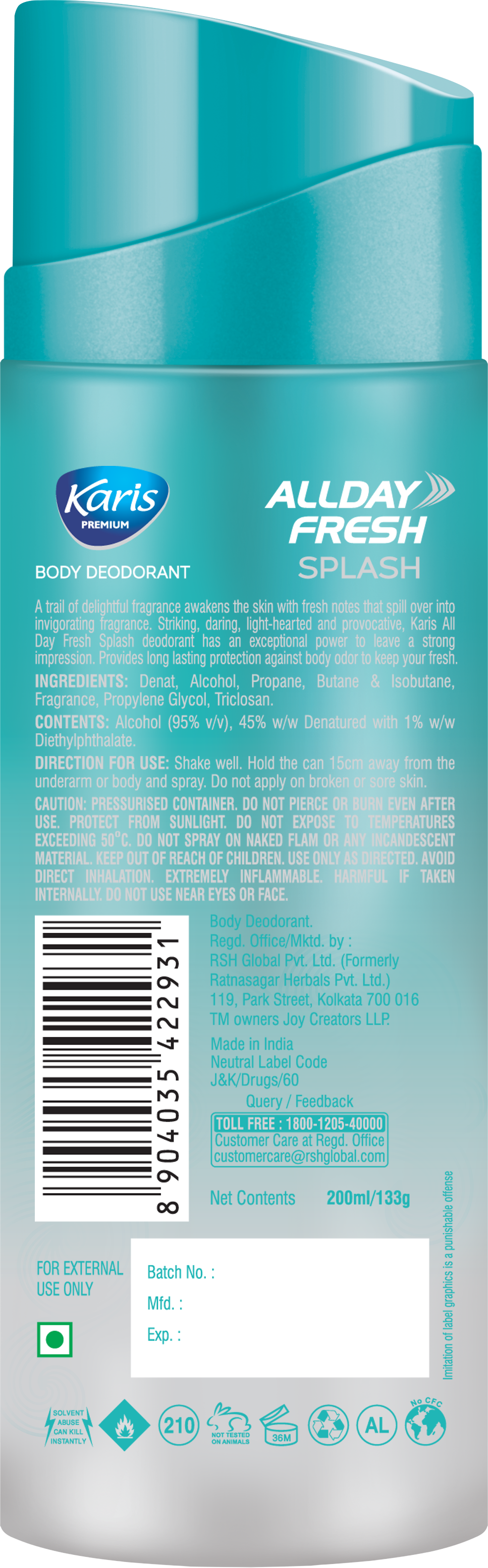 Karis Premium All Day Fresh Splash  - Body Deodorant - Provides 48 hrs of Odor Protection - Keeps you Fresh and Active - 200 ml