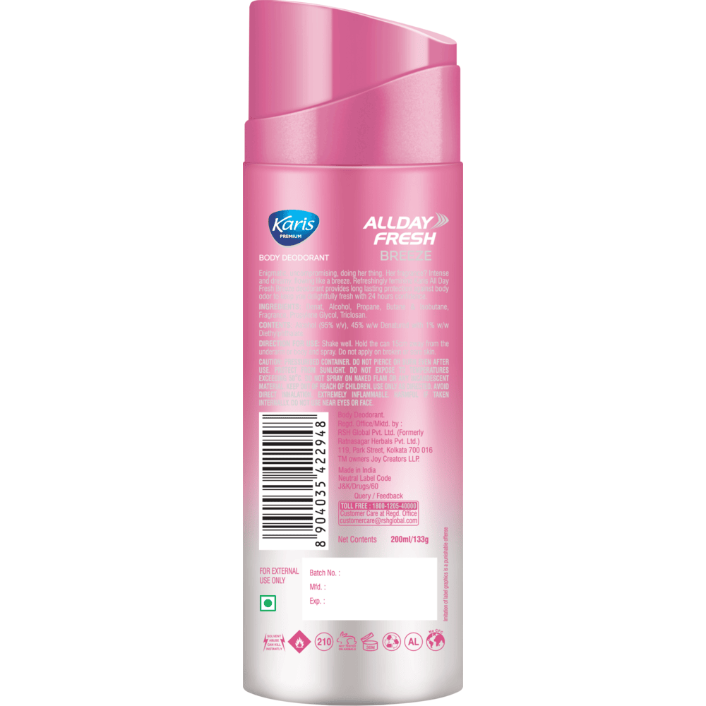 Karis Premium All Day Fresh Breeze - Body Deodorant - Provides 24 hrs of Odor Protection - Keeps you Fresh and Active - 200 ml
