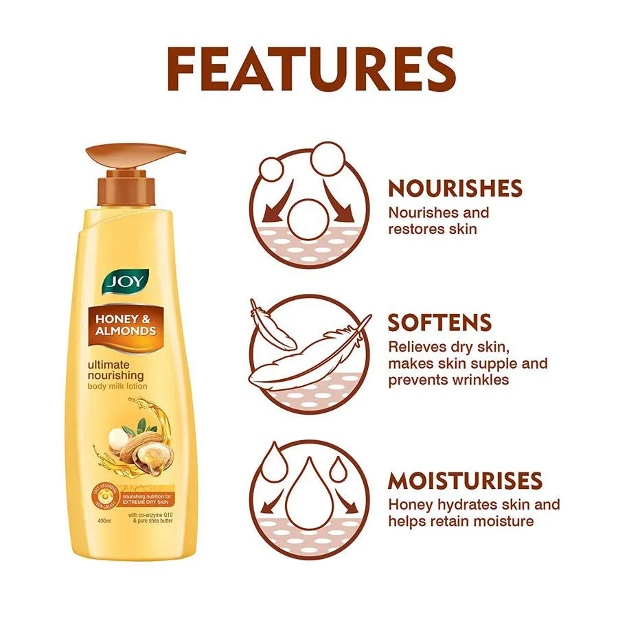 Joy Honey and Alomds Body Lotion Nourishes and Regenerates Skin Cells Rich Creamy Texture for Face and Body Almond Oil, Honey and Vitamin E 400ml
