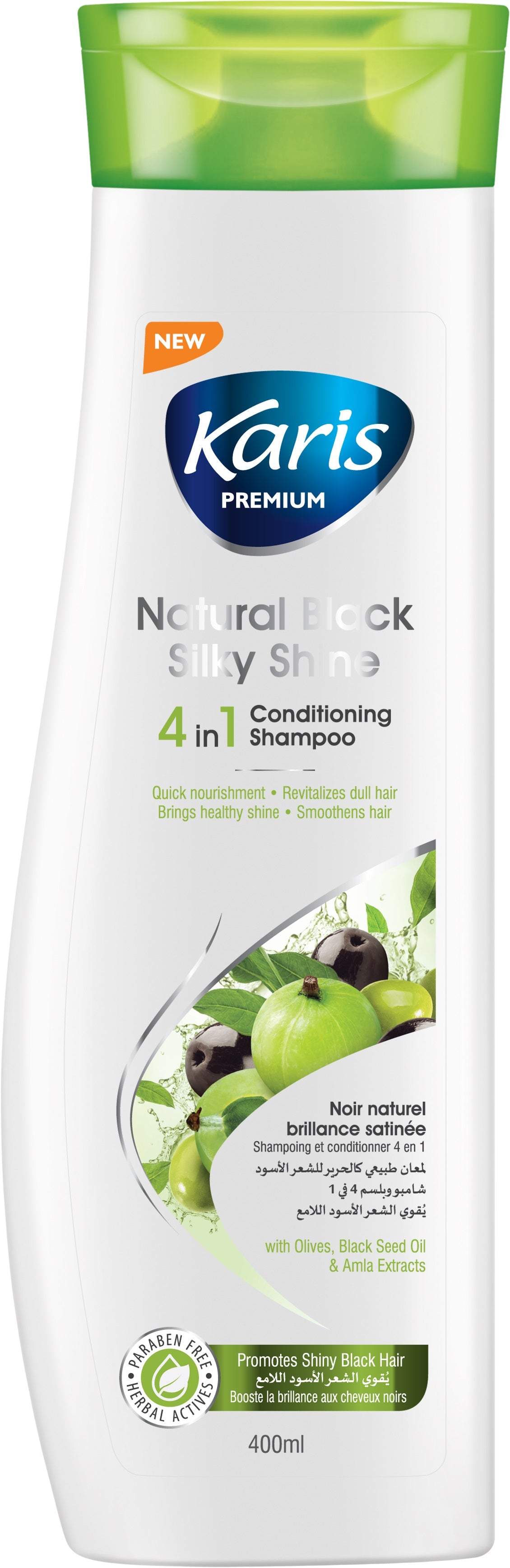 Karis Premium Natural Black Silky Shine 4 in 1 Conditioning Shampoo - With Olives, Black Seed Oil & Amla Extracts - Revitalizes Dull Hair - Smoothens Hair - 400 ml