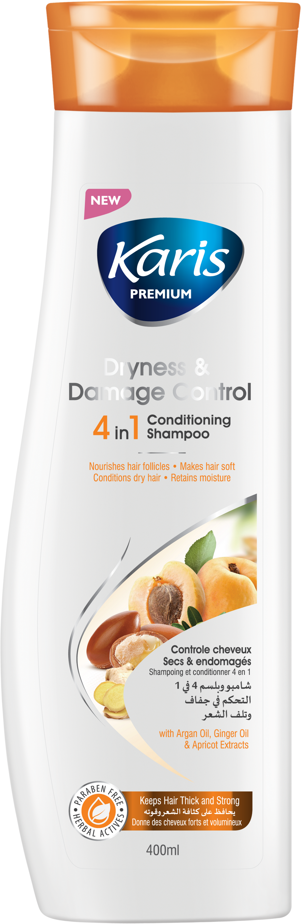 Karis Premium Dryness & Damage Control 4 in 1 Conditioning Shampoo  - With Argan Oil, Ginger Oil & Apricot Extracts - Makes Hair Soft - Conditions Dry Hair- Nourishes Hair Follicles - 400 ml