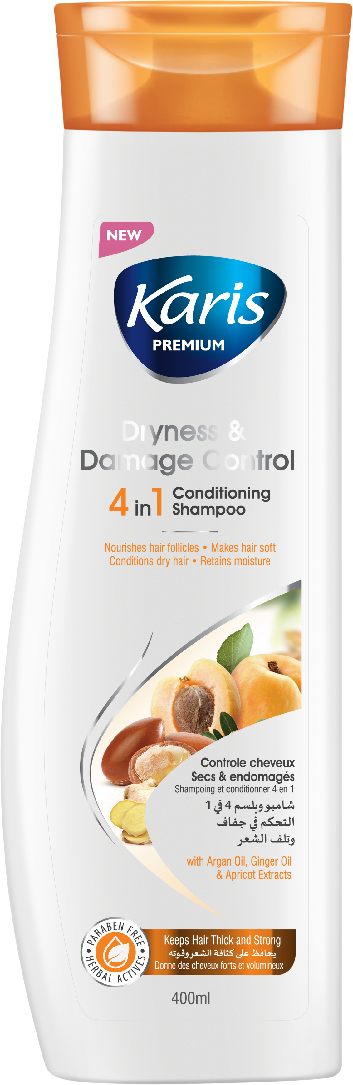 Karis Premium Dryness & Damage Control 4 in 1 Conditioning Shampoo  - With Argan Oil, Ginger Oil & Apricot Extracts - Makes Hair Soft - Conditions Dry Hair- Nourishes Hair Follicles - 400 ml
