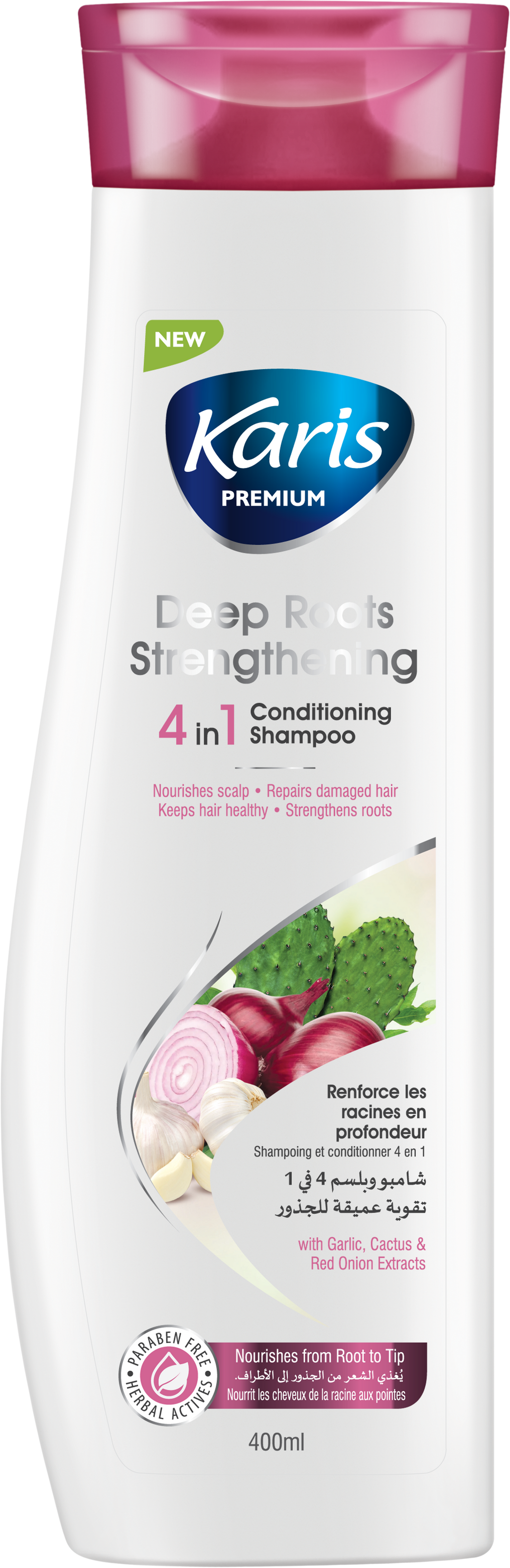 Karis  Premium Deep Roots Strengthening 4 in 1 Conditioning Shampoo - Nourishes Scalp & Repairs Damaged Hair - Keeps Hair Healthy - With Garlic, Cactus & Red Onion Extracts - 400ml
