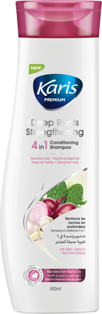 Karis  Premium Deep Roots Strengthening 4 in 1 Conditioning Shampoo - Nourishes Scalp & Repairs Damaged Hair - Keeps Hair Healthy - With Garlic, Cactus & Red Onion Extracts - 400ml