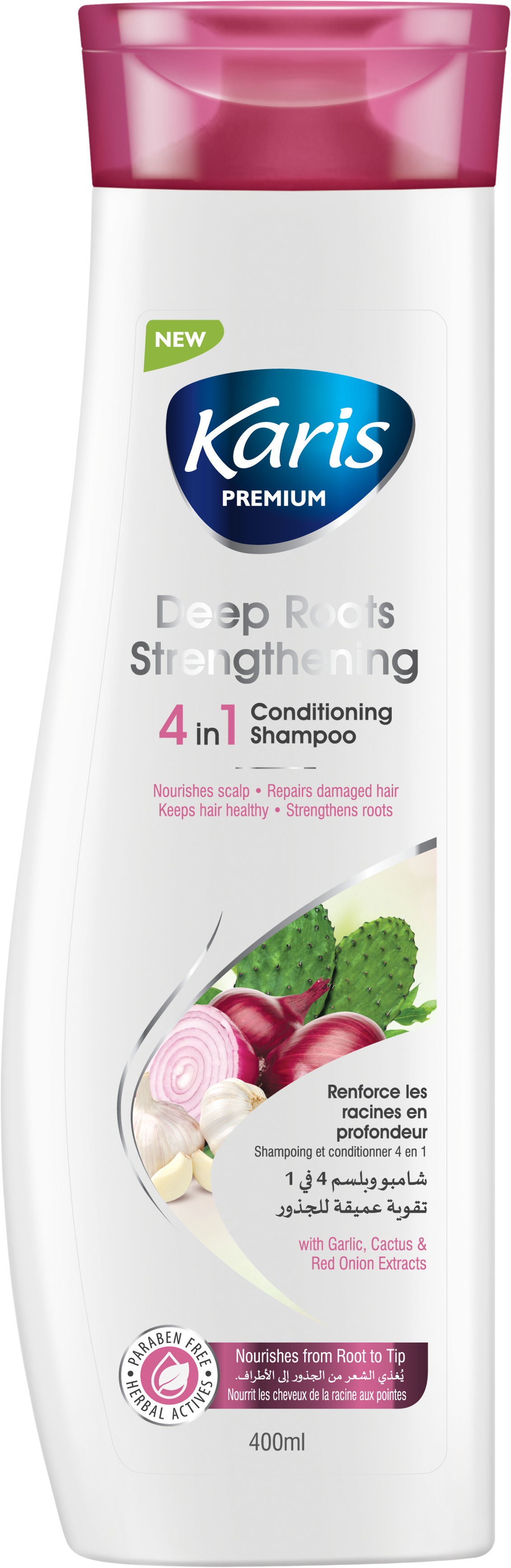 Karis  Premium Deep Roots Strengthening 4 in 1 Conditioning Shampoo - Nourishes Scalp & Repairs Damaged Hair - Keeps Hair Healthy - With Garlic, Cactus & Red Onion Extracts - 400ml