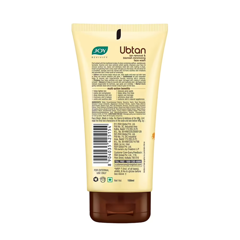 Joy Tan Removal and Blemish Ubtan Face Wash Even Complexion and Natural Glow for Annoying Sun Spots and Blemishes with Saffron, Turmeric, Chickpea Flour, Almond Oil 150 ml