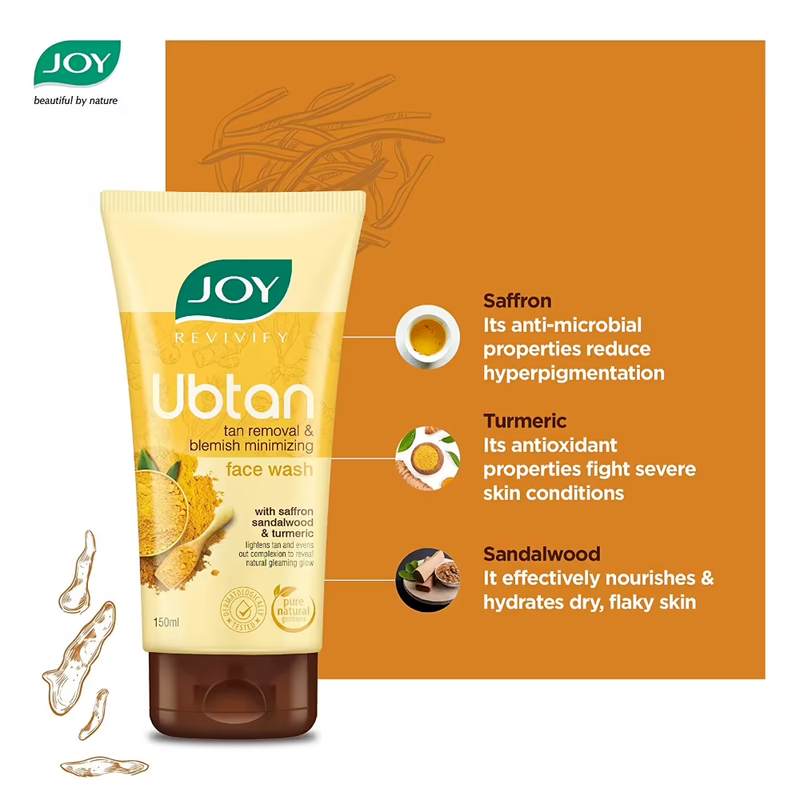 Joy Tan Removal and Blemish Ubtan Face Wash Even Complexion and Natural Glow for Annoying Sun Spots and Blemishes with Saffron, Turmeric, Chickpea Flour, Almond Oil 150 ml