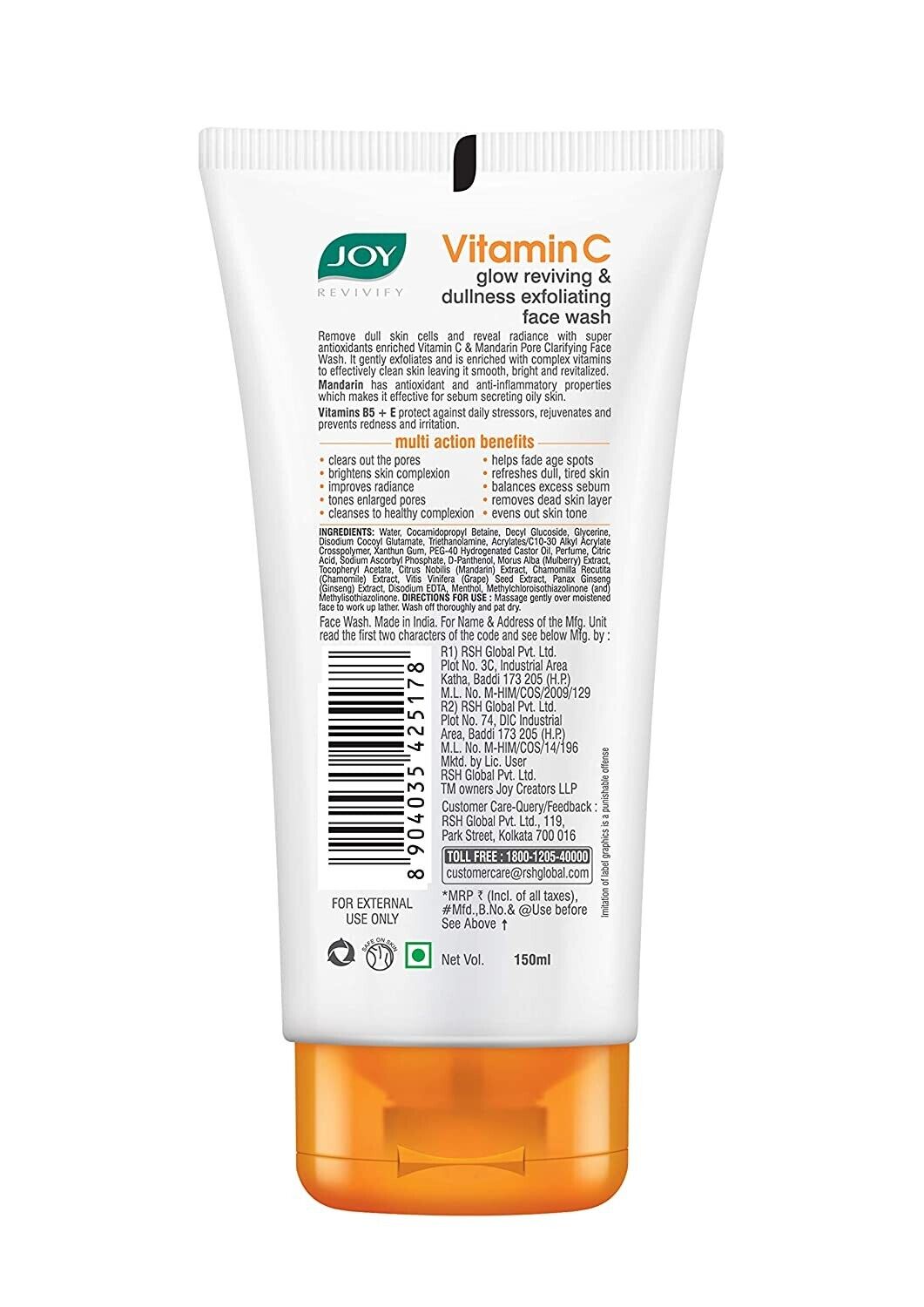 Joy Vitamin C Facewash Brightening and Glowing Powerful Antioxidant for All Skin Types Formulated with Trusted Natural Ingredients 150ml