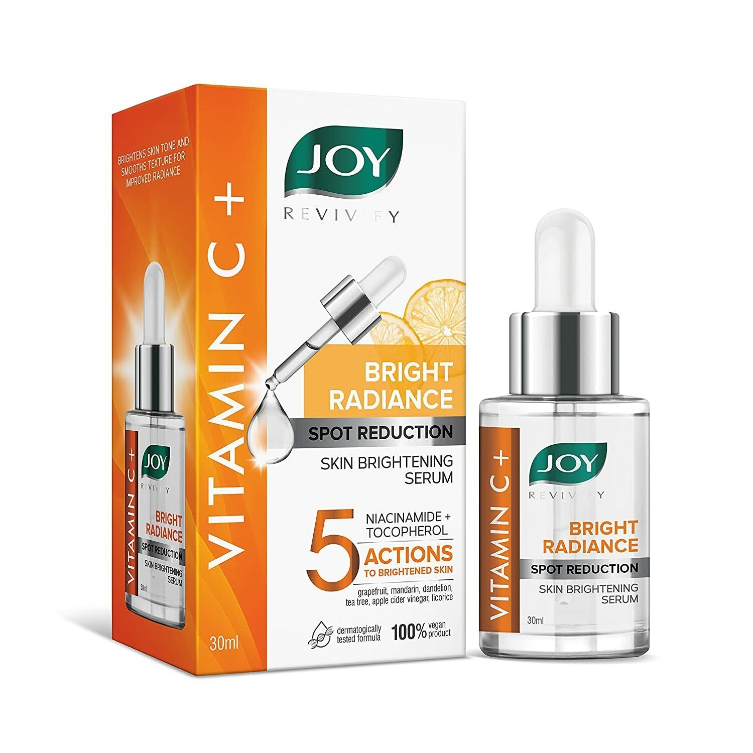 Joy Vitamin C+ Skin Brightening Serum Rejuvenate Your Skin Nourishment from Deep Within Suitable for All Skin Types Grapefruit, Mandarin, Dandelion, Tea Tree, Apple Cider Vinegar, Licorice 30ml