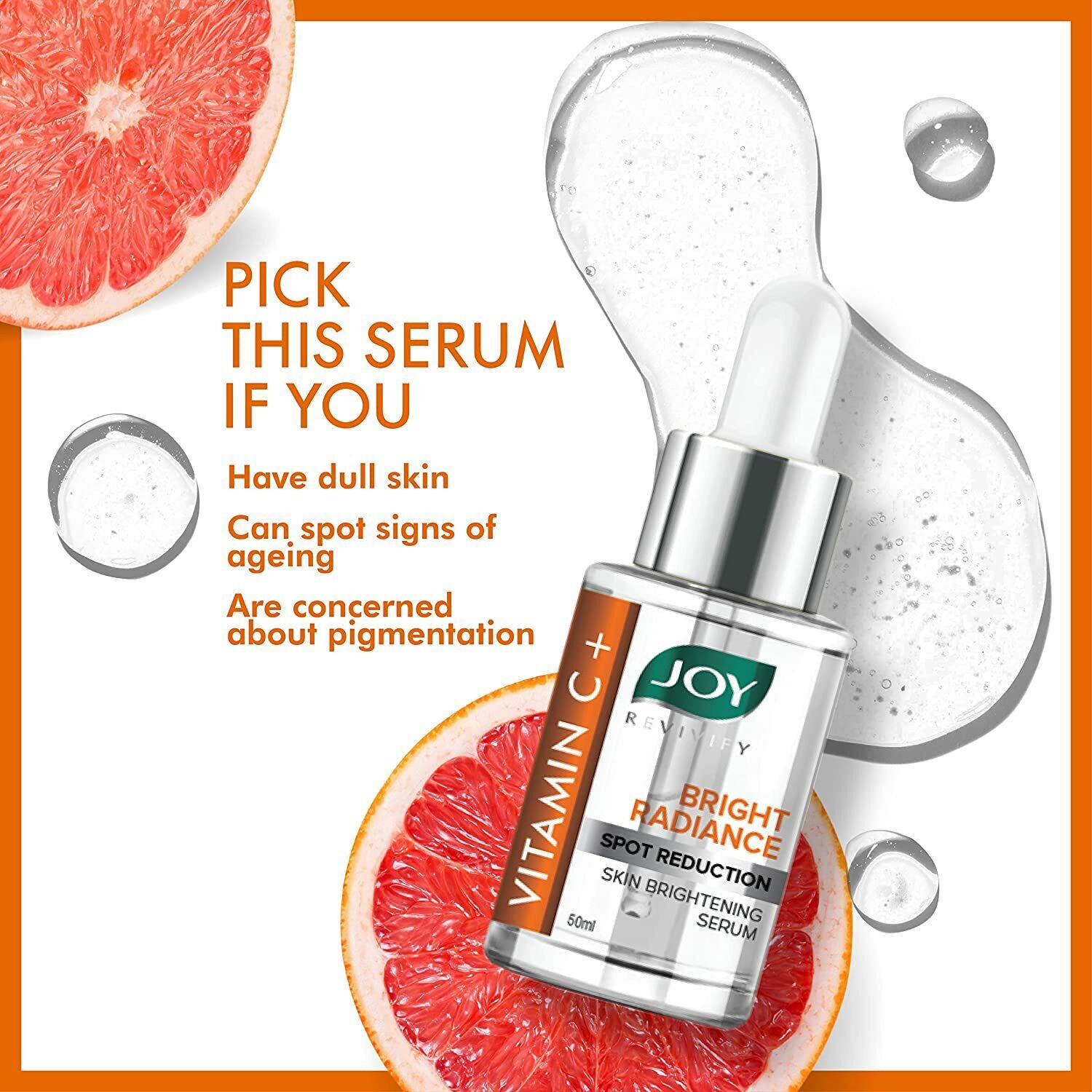 Joy Vitamin C+ Skin Brightening Serum Rejuvenate Your Skin Nourishment from Deep Within Suitable for All Skin Types Grapefruit, Mandarin, Dandelion, Tea Tree, Apple Cider Vinegar, Licorice 30ml