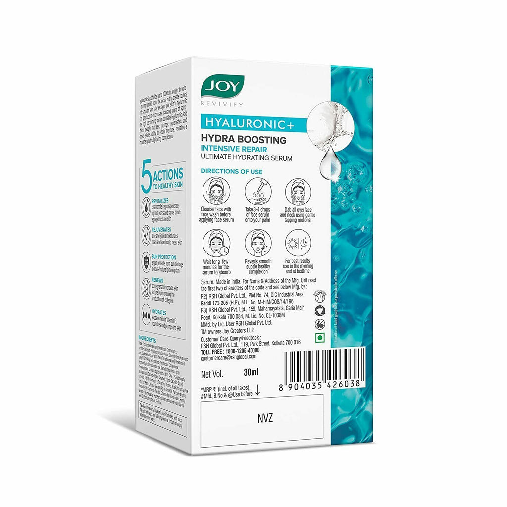 Joy Hyaluronic Hydra Boosting Hydrating Serum Slows Down Signs of Ageing Protects Skin Improves Skin Texture Chamomile, Aloe, Argan, Pomegranate, Avocado, Jojoba 30ml