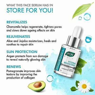 Joy Hyaluronic Hydra Boosting Hydrating Serum Slows Down Signs of Ageing Protects Skin Improves Skin Texture Chamomile, Aloe, Argan, Pomegranate, Avocado, Jojoba 30ml