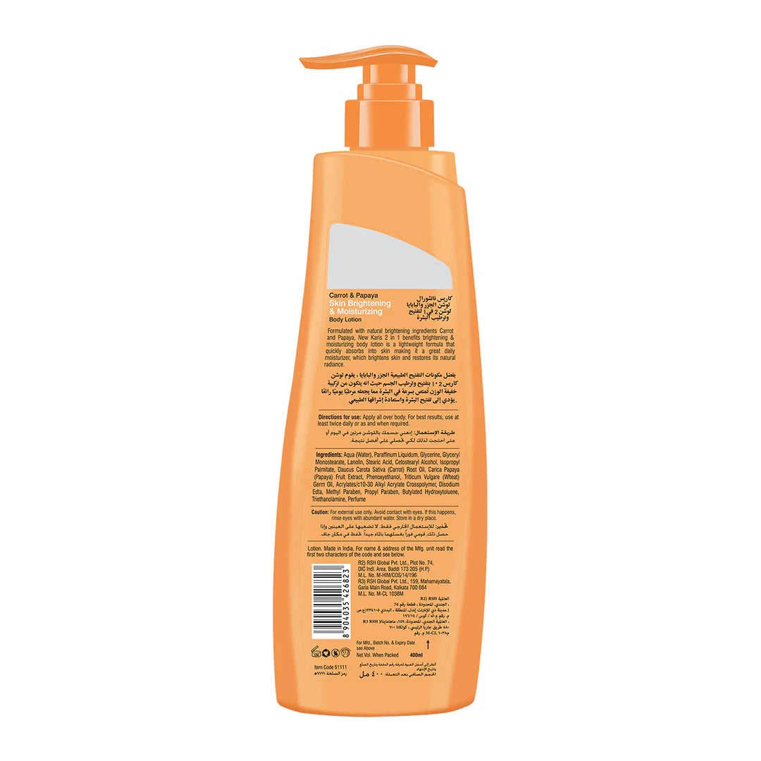 Karis Naturals Body Lotion - Carrot & Papaya - 2 in 1 Benefits - Skin Brightening & Moisturizing - Brightens & Restores Skin's Natural Radiance - 400 ml