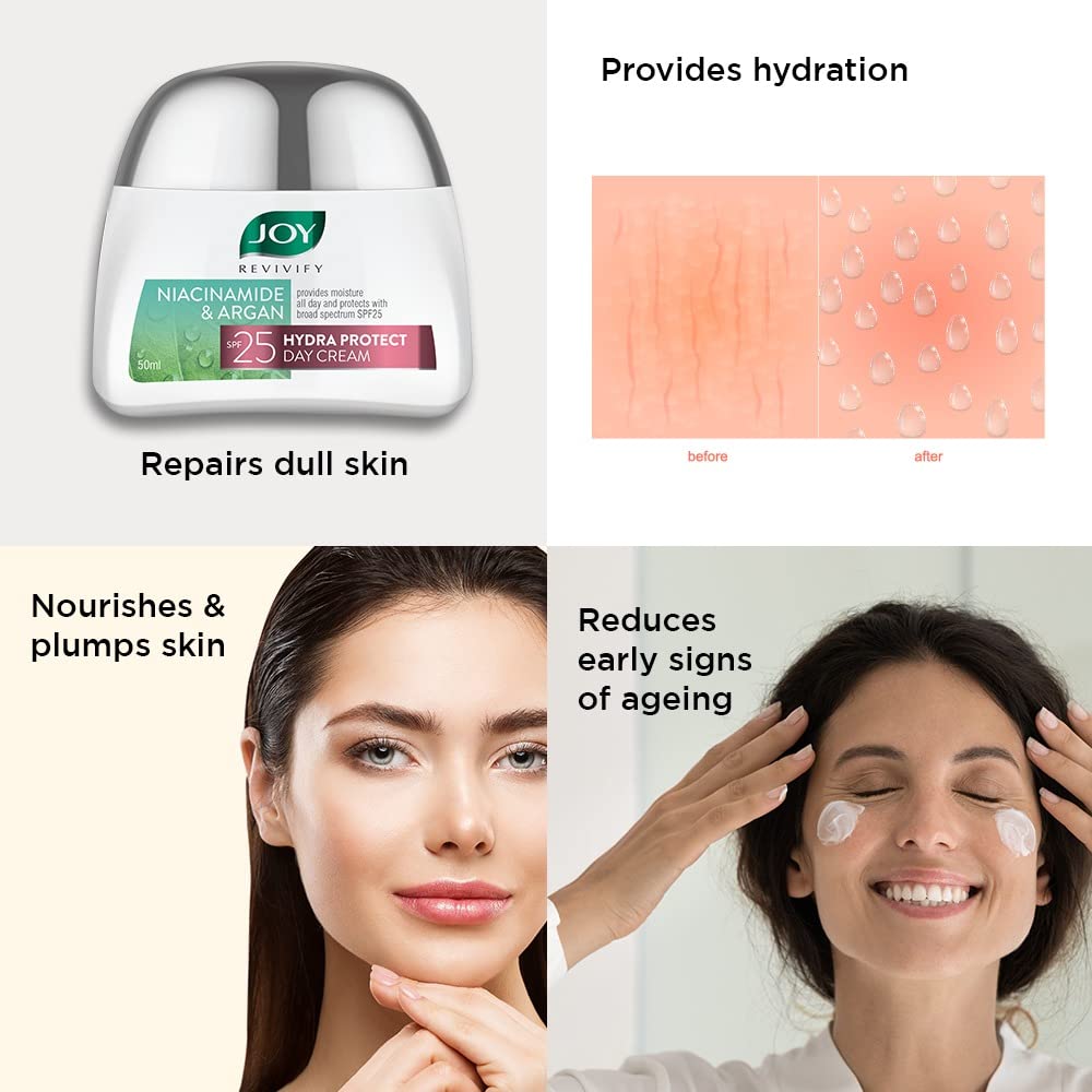 Joy Revivify Niacinamide and Argan - 100 % Vegan Product - SPF 25 HydraProtect Day Cream - UV Protection 50ml