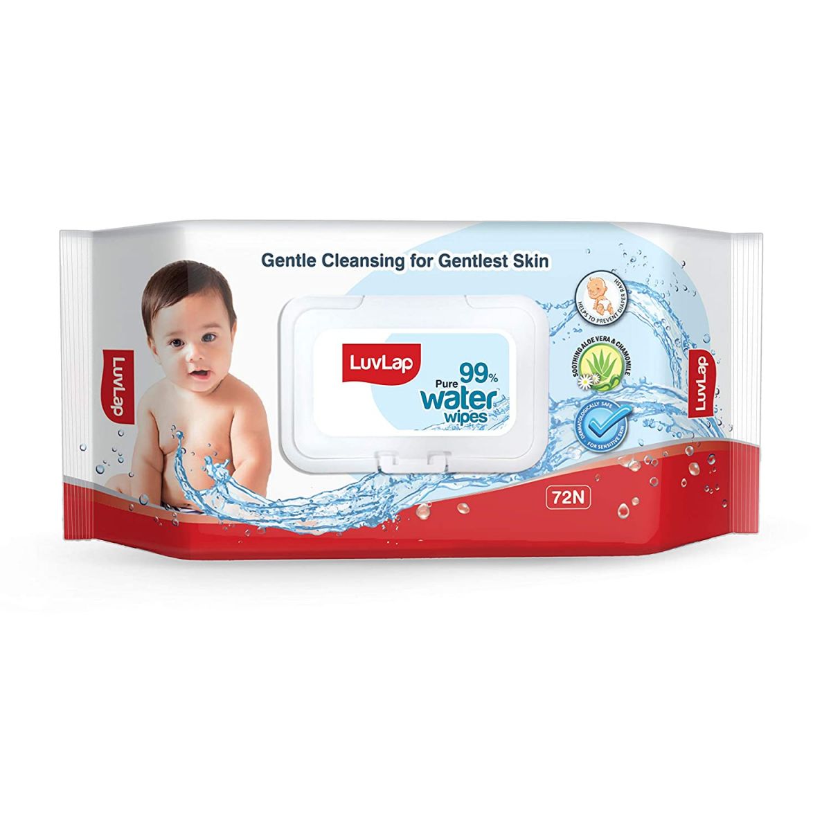 Luvlap 99% Pure Water Wipes - Helps to Prevent Diaper Rash - Soothing Aloe Vera & Chamomile - For Sensitive Skin - Gentle Cleansing - 72 Water Wipes