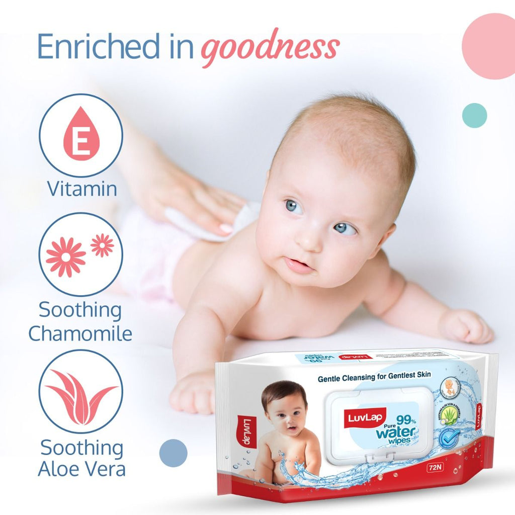 Luvlap 99% Pure Water Wipes - Helps to Prevent Diaper Rash - Soothing Aloe Vera & Chamomile - For Sensitive Skin - Gentle Cleansing - 72 Water Wipes