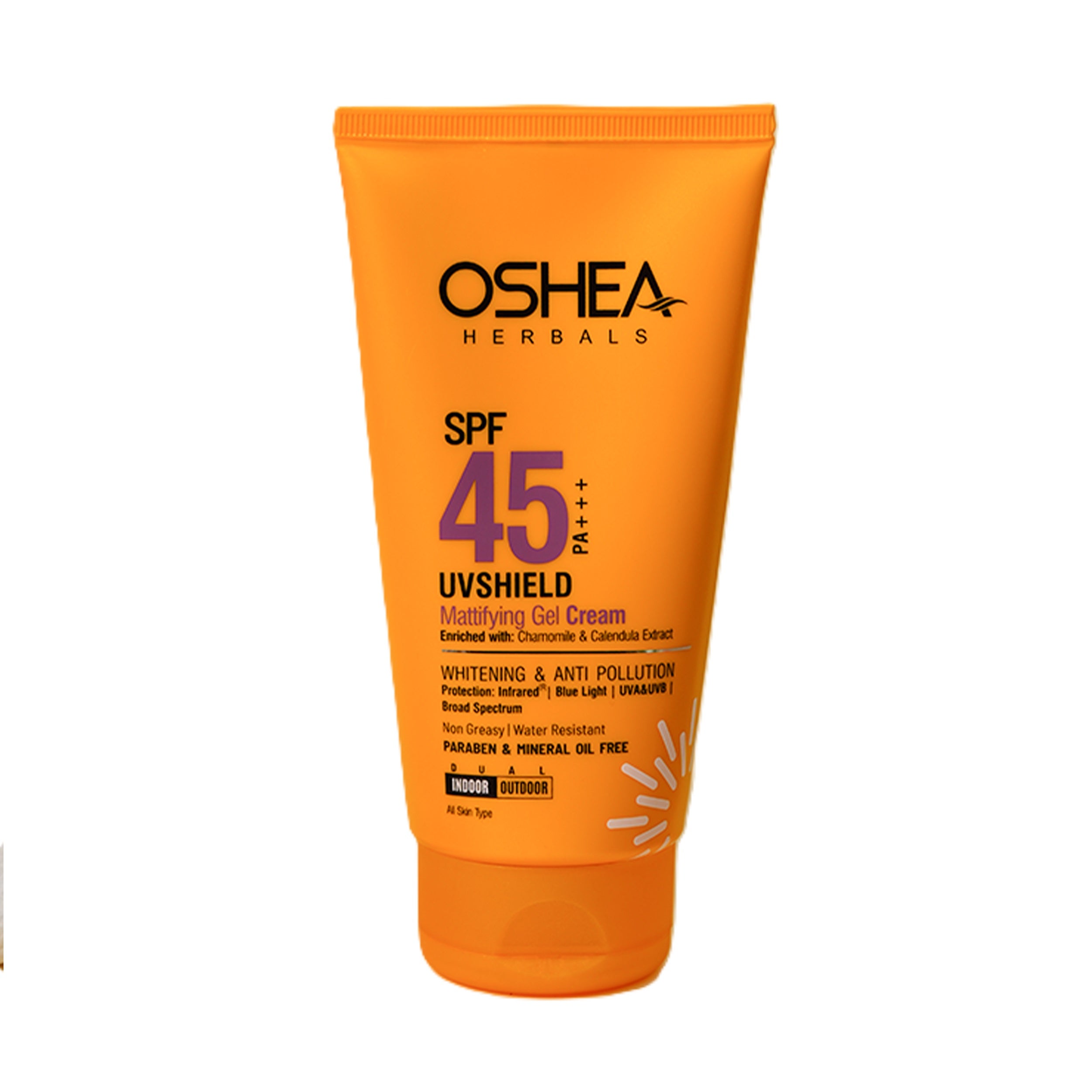 Oshea Herbals UV Shield Mattifying Gel Cream SPF 45 PA +++ - Whitening & Anti Pollution - Enriched with Chamomile & Calendula Extract - Non Greasy & Water Resistant -120 grams