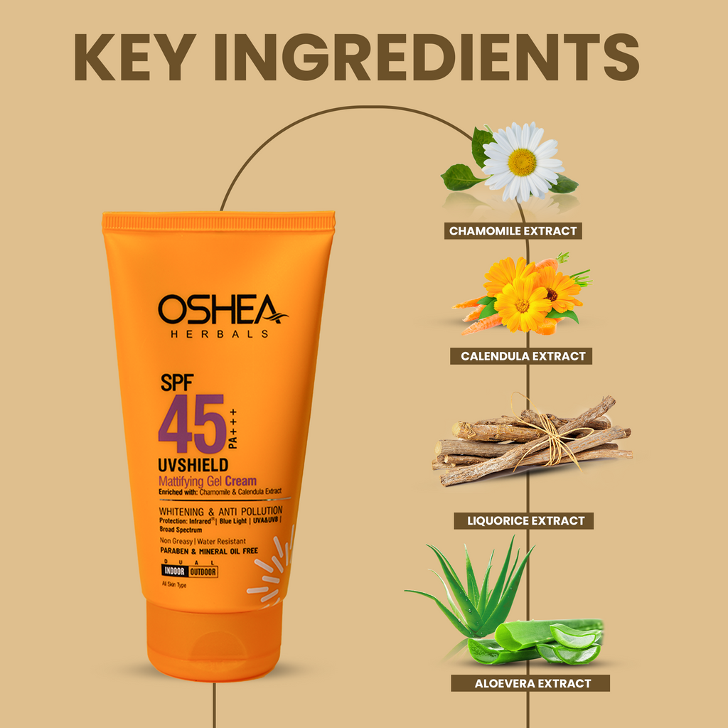 Oshea Herbals UV Shield Mattifying Gel Cream SPF 45 PA +++ - Whitening & Anti Pollution - Enriched with Chamomile & Calendula Extract - Non Greasy & Water Resistant -120 grams