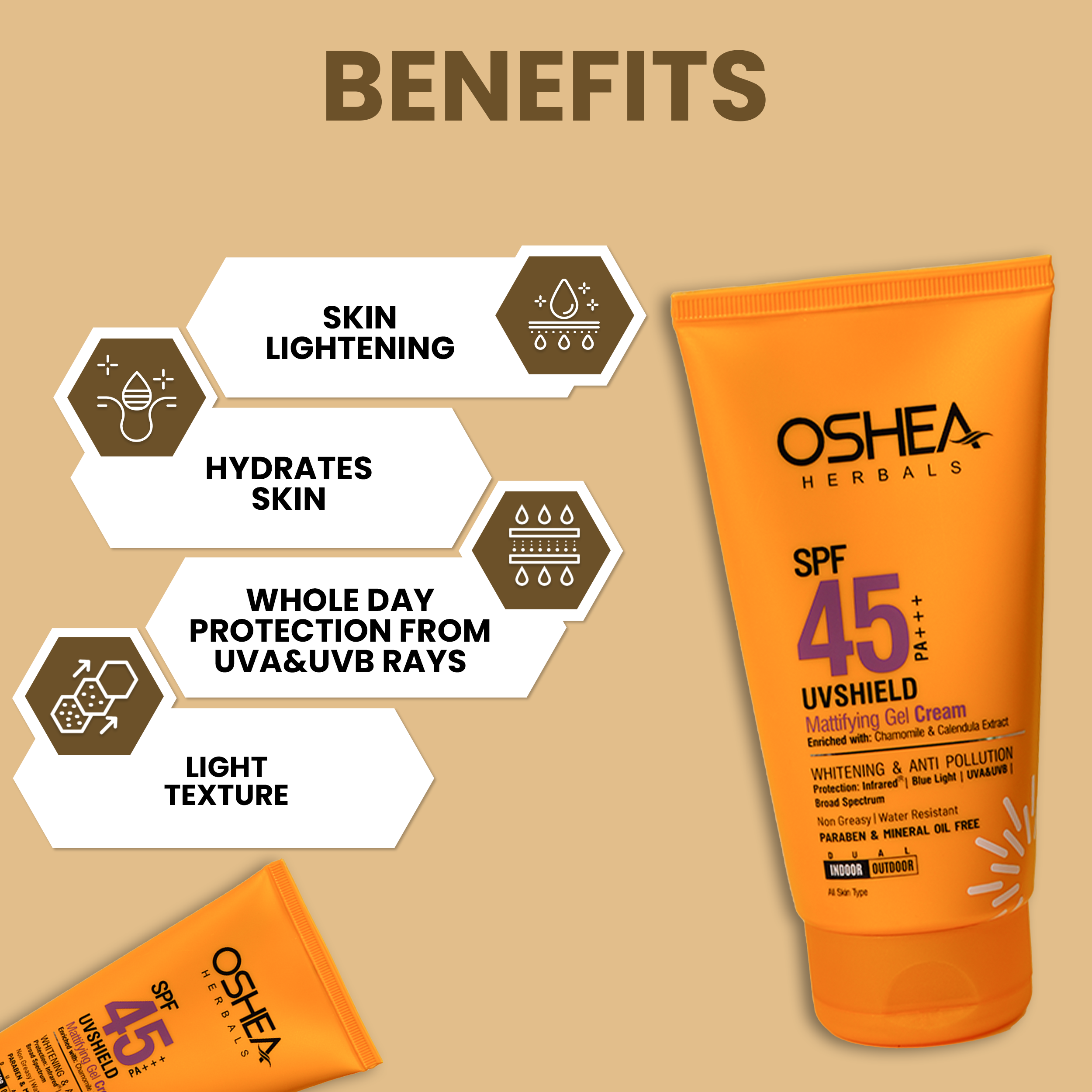 Oshea Herbals UV Shield Mattifying Gel Cream SPF 45 PA +++ - Whitening & Anti Pollution - Enriched with Chamomile & Calendula Extract - Non Greasy & Water Resistant -120 grams