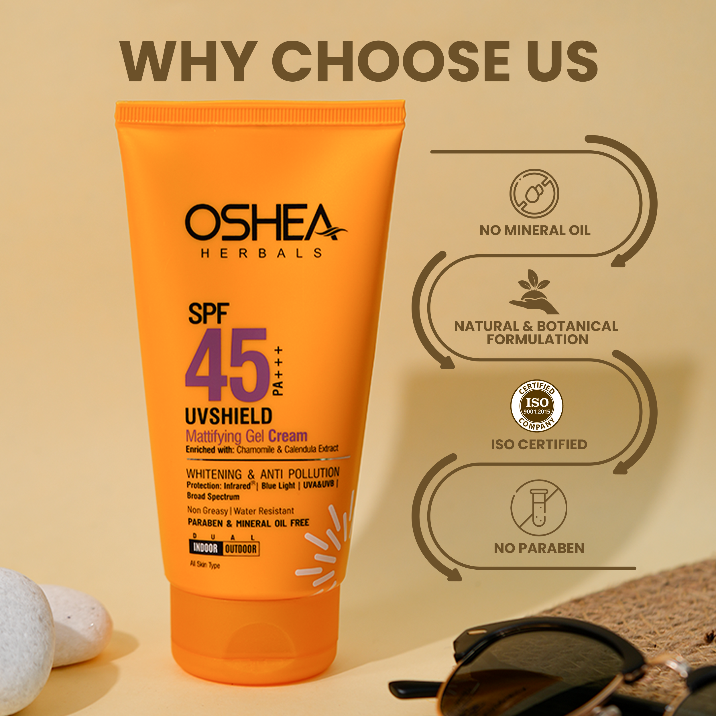 Oshea Herbals UV Shield Mattifying Gel Cream SPF 45 PA +++ - Whitening & Anti Pollution - Enriched with Chamomile & Calendula Extract - Non Greasy & Water Resistant -120 grams