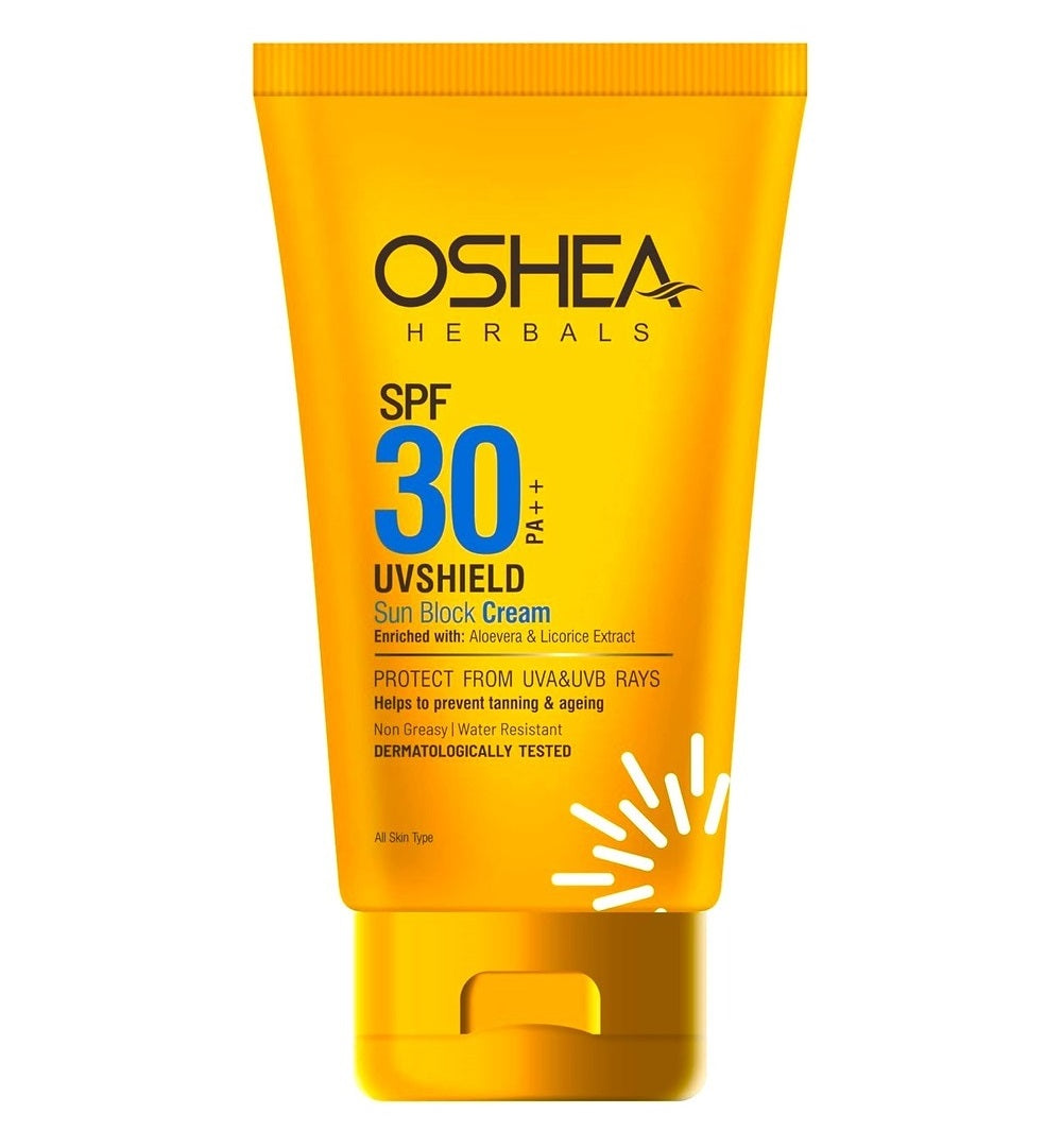 Oshea Herbals UV Shield Sun Block Cream SPF 30 PA ++ - Protection from UVA & UVB Rays with Aloe Vera & Licorice Extracts - Non Greasy & Water Resistant - All Skin Type - 120 grams