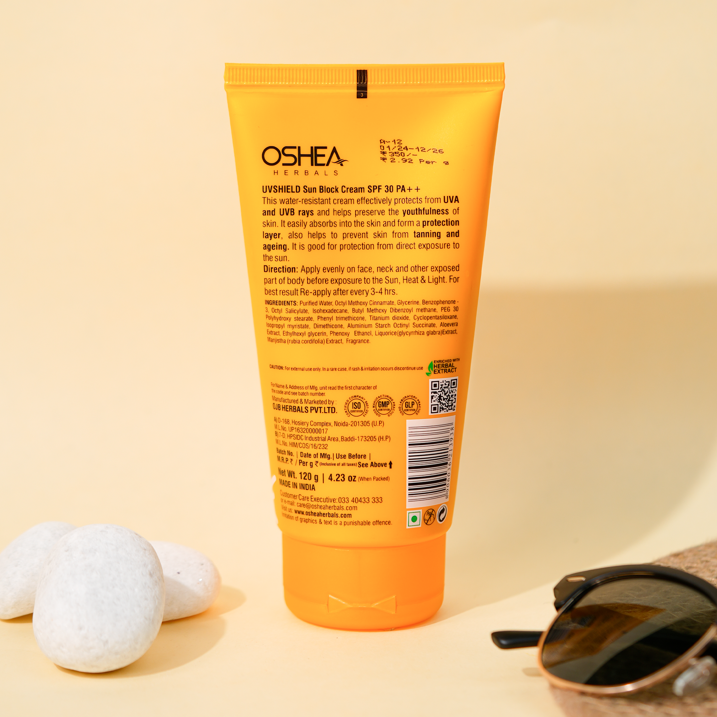 Oshea Herbals UV Shield Sun Block Cream SPF 30 PA ++ - Protection from UVA & UVB Rays with Aloe Vera & Licorice Extracts - Non Greasy & Water Resistant - All Skin Type - 120 grams